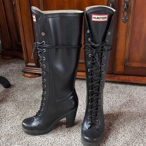 Hunter Black Lace-Up Knee-High Heeled Rain Boots Rare find